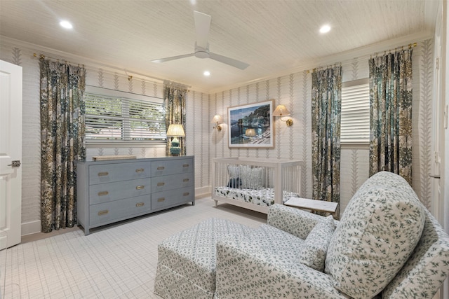 4016 Goodfellow Dr, Dallas, TX 75229 - living area featuring crown molding, ceiling fan, wallpapered walls, recessed lighting, and baseboards