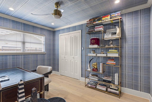 4016 Goodfellow Dr, Dallas, TX 75229 - office featuring wood finished floors, baseboards, recessed lighting, and a ceiling fan