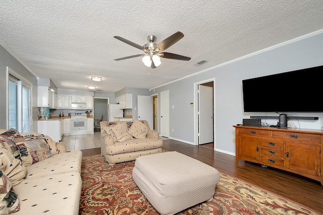 3929 Wrenwood Dr, Fort Worth, TX 76137 - living room featuring ceiling fan, light wood-style flooring, ornamental molding, a textured ceiling, and baseboards