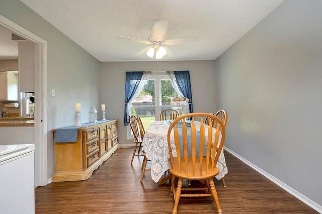 3929 Wrenwood Dr, Fort Worth, TX 76137 - dining area featuring a ceiling fan, a textured ceiling, dark wood-style flooring, and baseboards