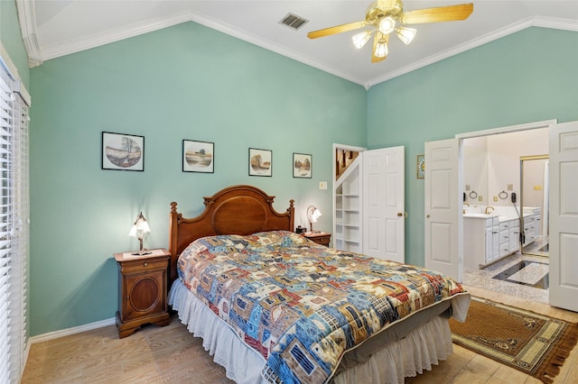 422 Arbor Creek Dr, Euless, TX 76039 - bedroom featuring light wood-type flooring, baseboards, ornamental molding, high vaulted ceiling, and ceiling fan