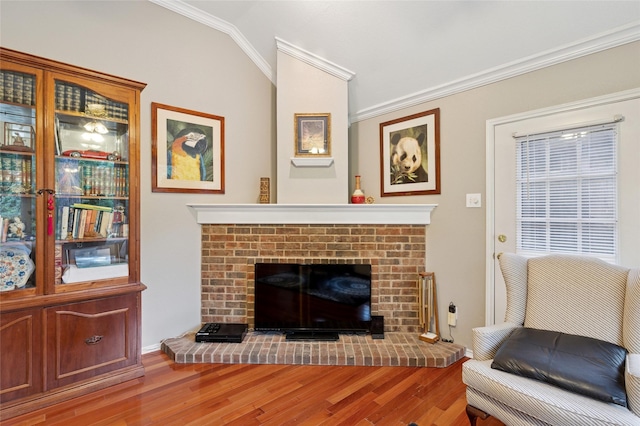 422 Arbor Creek Dr, Euless, TX 76039 - living room with crown molding, a brick fireplace, and wood finished floors