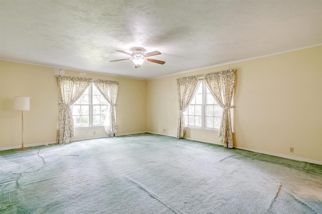 4524 Morris Ct, Fort Worth, TX 76103 - empty room featuring healthy amount of natural light, ceiling fan, ornamental molding, a textured ceiling, and carpet flooring