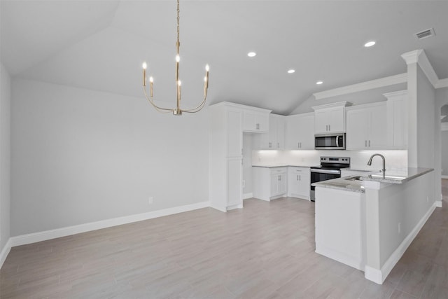 1348 Oleander Dr, Tolar, TX 76476 - kitchen featuring stainless steel appliances, a sink, vaulted ceiling, white cabinets, and a peninsula