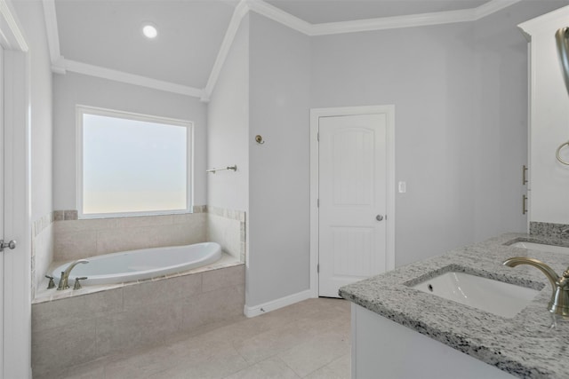 1348 Oleander Dr, Tolar, TX 76476 - full bath featuring a bath, crown molding, double vanity, tile patterned floors, and baseboards