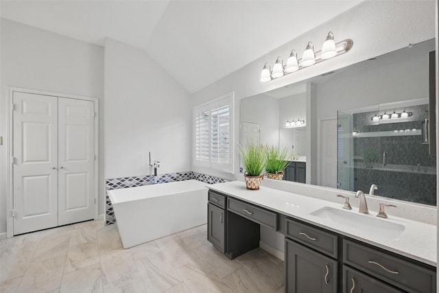 1325 Capstan Dr, Allen, TX 75013 - full bath featuring vanity, a shower stall, a freestanding tub, lofted ceiling, and marble look tile flooring