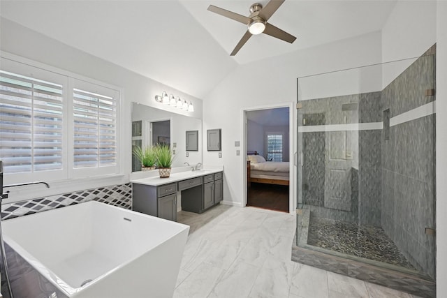 1325 Capstan Dr, Allen, TX 75013 - ensuite bathroom with a freestanding bath, vanity, lofted ceiling, a stall shower, and ceiling fan