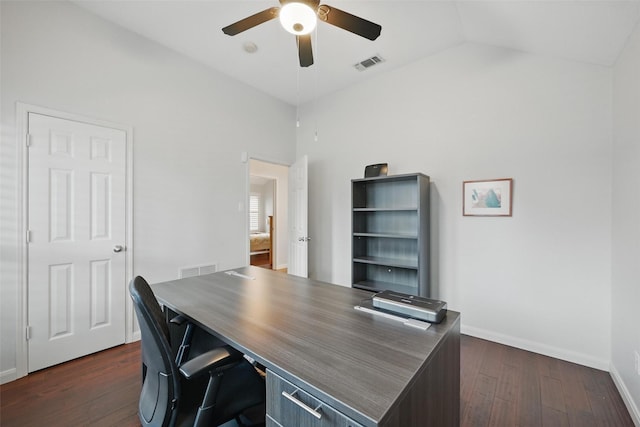 1325 Capstan Dr, Allen, TX 75013 - office space featuring a ceiling fan, dark wood-type flooring, vaulted ceiling, and baseboards