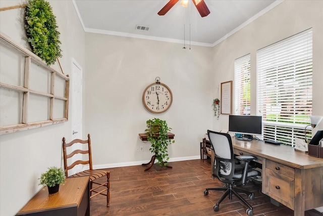 11538 Corsicana Dr, Frisco, TX 75035 - home office featuring wood finished floors, a ceiling fan, ornamental molding, and baseboards