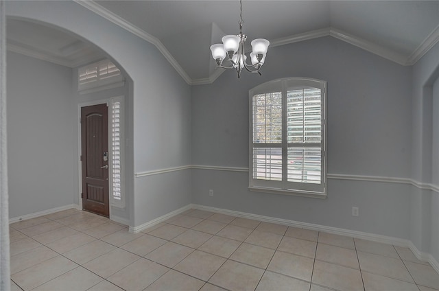 4921 Mcclellan Dr, Frisco, TX 75036 - spare room with light tile patterned flooring, arched walkways, a chandelier, lofted ceiling, and ornamental molding
