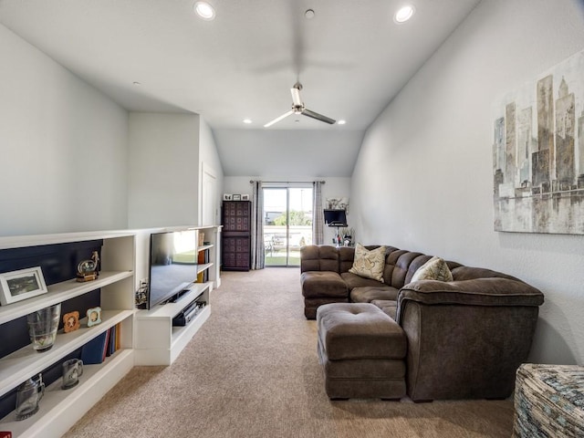 3204 Wycliff Ave Unit 3216, Dallas, TX 75219 - carpeted living room with ceiling fan, lofted ceiling, and recessed lighting