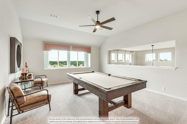 1107 Peacock Ln, Wylie, TX 75098 - recreation room featuring carpet floors, lofted ceiling, ceiling fan, baseboards, and billiards