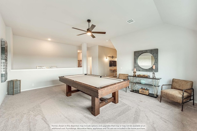 1107 Peacock Ln, Wylie, TX 75098 - rec room featuring lofted ceiling, pool table, a ceiling fan, carpet, and baseboards