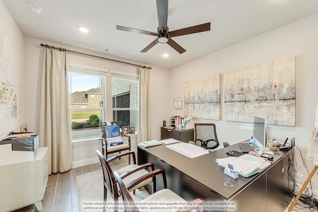 1107 Peacock Ln, Wylie, TX 75098 - office area featuring ceiling fan, recessed lighting, and baseboards