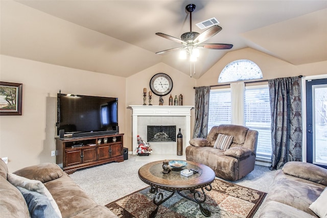 2318 Sparrow Dr, Forney, TX 75126 - living area featuring carpet flooring, ceiling fan, lofted ceiling, and a fireplace