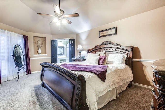 2318 Sparrow Dr, Forney, TX 75126 - bedroom featuring carpet floors, baseboards, vaulted ceiling, and a ceiling fan