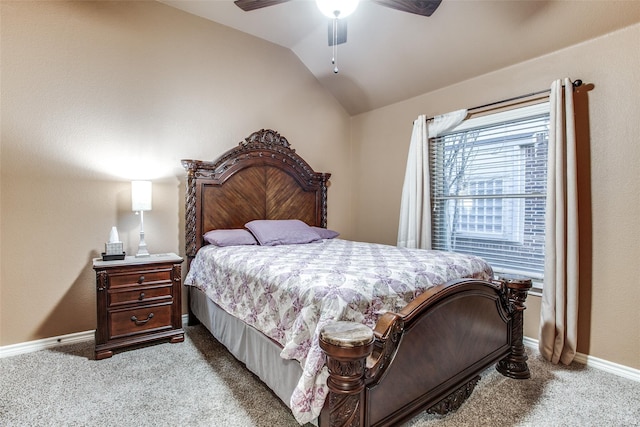 2318 Sparrow Dr, Forney, TX 75126 - bedroom featuring light colored carpet, vaulted ceiling, baseboards, and a ceiling fan