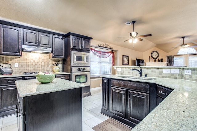 2318 Sparrow Dr, Forney, TX 75126 - kitchen featuring stainless steel appliances, under cabinet range hood, a sink, ceiling fan, and tasteful backsplash