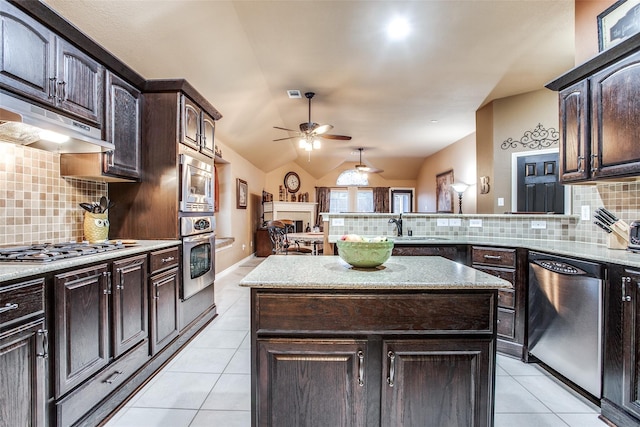 2318 Sparrow Dr, Forney, TX 75126 - kitchen with stainless steel appliances, light tile patterned flooring, under cabinet range hood, tasteful backsplash, and vaulted ceiling