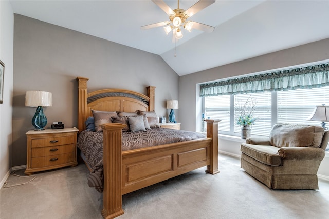 3832 Creekside Ln, Carrollton, TX 75010 - bedroom featuring light carpet, baseboards, vaulted ceiling, and ceiling fan