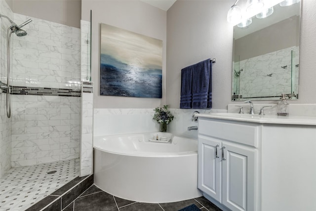 3832 Creekside Ln, Carrollton, TX 75010 - bathroom featuring a garden tub, vanity, a tile shower, and tile patterned floors