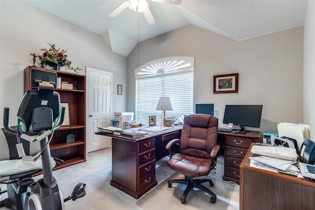 3832 Creekside Ln, Carrollton, TX 75010 - office space featuring light colored carpet, ceiling fan, and lofted ceiling