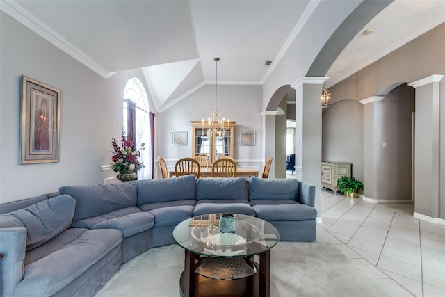 3832 Creekside Ln, Carrollton, TX 75010 - living area featuring arched walkways, decorative columns, a chandelier, light tile patterned floors, and crown molding