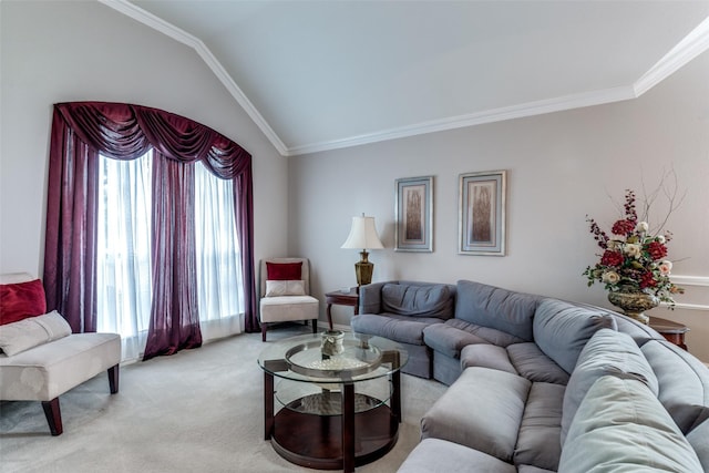3832 Creekside Ln, Carrollton, TX 75010 - living room featuring light carpet, ornamental molding, and lofted ceiling