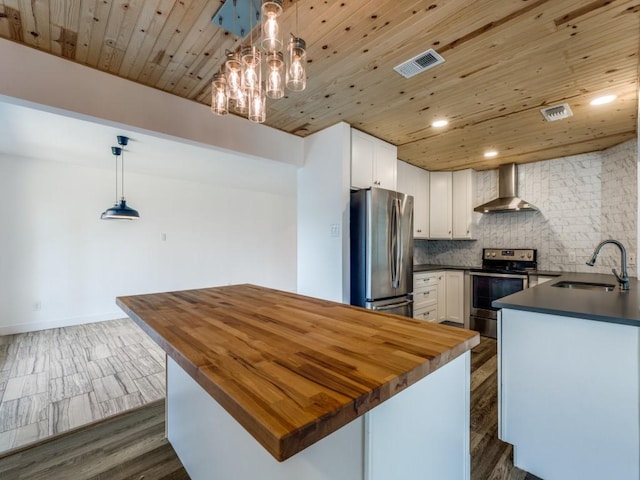 4857 Fallon Pl, Dallas, TX 75227 - kitchen featuring a sink, appliances with stainless steel finishes, wall chimney range hood, tasteful backsplash, and dark wood-style floors