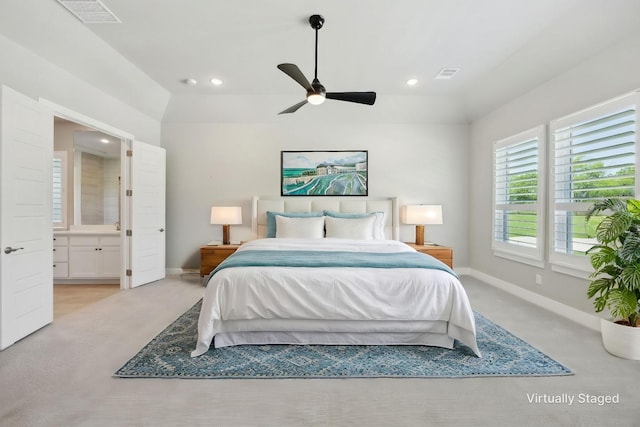 4106 Tamarack Ln, Royse City, TX 75189 - carpeted bedroom with baseboards, recessed lighting, ensuite bath, and a ceiling fan