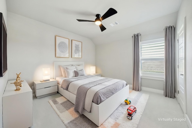 4106 Tamarack Ln, Royse City, TX 75189 - bedroom featuring light colored carpet, baseboards, ceiling fan, and lofted ceiling