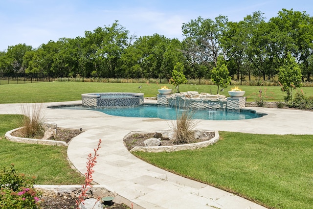 4106 Tamarack Ln, Royse City, TX 75189 - view of pool with a lawn, a pool with connected hot tub, a patio, and view of scattered trees