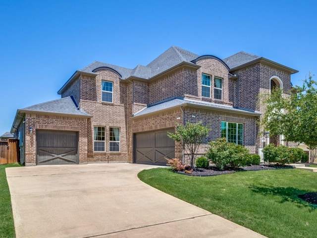 433 Silver Chase Dr, Keller, TX 76248 - french country style house featuring brick siding, a front yard, driveway, a shingled roof, and an attached garage