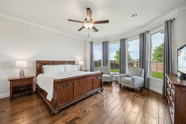 5901 Kildare Ct, Mckinney, TX 75071 - bedroom with dark wood-style floors, ornamental molding, baseboards, and a ceiling fan