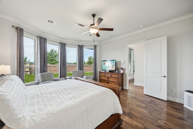 5901 Kildare Ct, Mckinney, TX 75071 - bedroom with dark wood finished floors, baseboards, crown molding, and a ceiling fan
