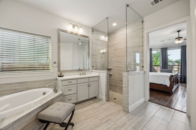 5901 Kildare Ct, Mckinney, TX 75071 - ensuite bathroom with a bath, a walk in shower, vanity, and a ceiling fan