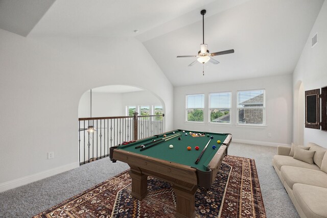 5901 Kildare Ct, Mckinney, TX 75071 - rec room with ceiling fan, carpet flooring, billiards table, baseboards, and high vaulted ceiling