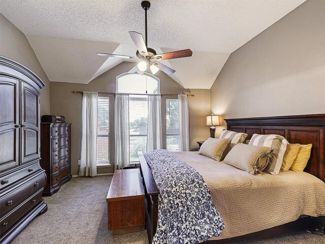 6023 Vista Ln, Sachse, TX 75048 - bedroom with lofted ceiling, light colored carpet, a textured ceiling, and a ceiling fan