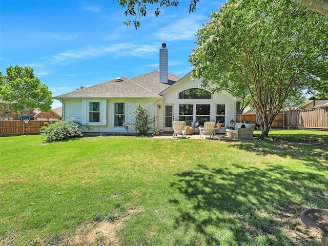 6023 Vista Ln, Sachse, TX 75048 - rear view of house with an outdoor living space, a chimney, a shingled roof, and a patio area