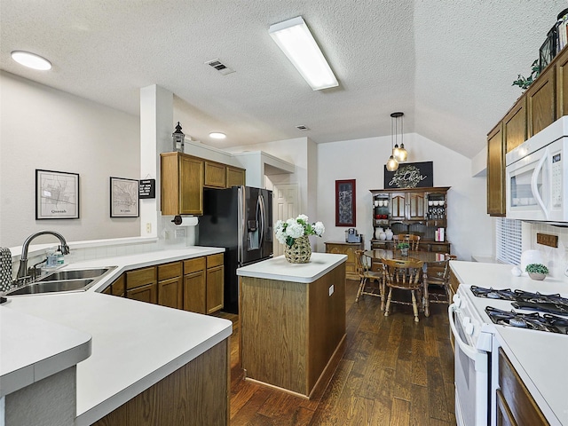 6023 Vista Ln, Sachse, TX 75048 - kitchen featuring white appliances, a sink, dark wood-style floors, lofted ceiling, and light countertops
