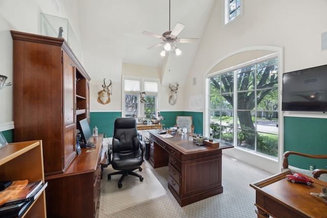 6707 Meadow Rd, Dallas, TX 75230 - home office featuring a towering ceiling, ceiling fan, and light carpet
