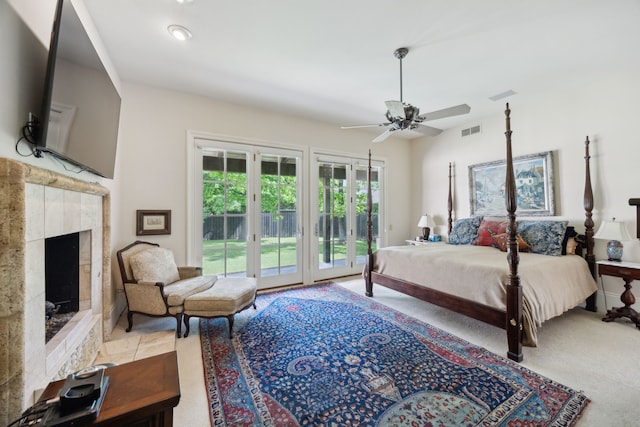 6707 Meadow Rd, Dallas, TX 75230 - carpeted bedroom with access to outside, a fireplace, french doors, and ceiling fan