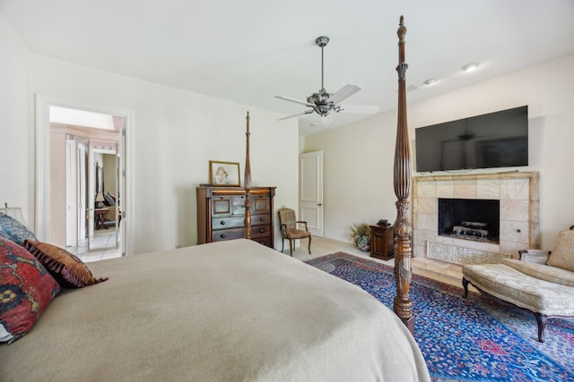 6707 Meadow Rd, Dallas, TX 75230 - bedroom with a tile fireplace and a ceiling fan