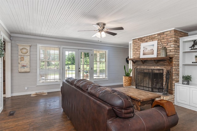 1147 Vz County Road 3417, Wills Point, TX 75169 - living room with a ceiling fan, hardwood / wood-style flooring, a brick fireplace, french doors, and ornamental molding