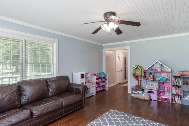 1147 Vz County Road 3417, Wills Point, TX 75169 - living area featuring a ceiling fan, wood finished floors, and ornamental molding