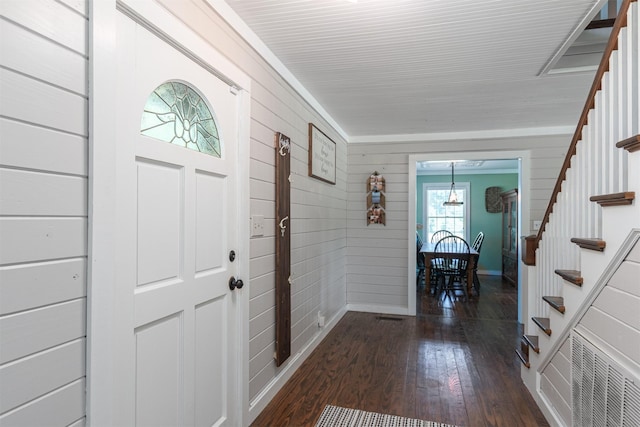 1147 Vz County Road 3417, Wills Point, TX 75169 - foyer with stairs, dark wood-type flooring, and wooden walls