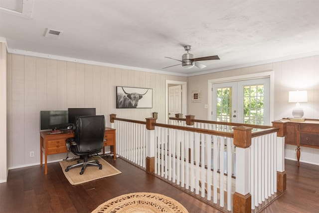 1147 Vz County Road 3417, Wills Point, TX 75169 - home office with wood finished floors, french doors, a ceiling fan, and crown molding