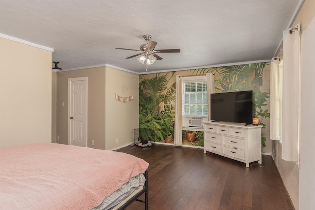 1147 Vz County Road 3417, Wills Point, TX 75169 - bedroom featuring dark wood finished floors, ornamental molding, wallpapered walls, cooling unit, and ceiling fan