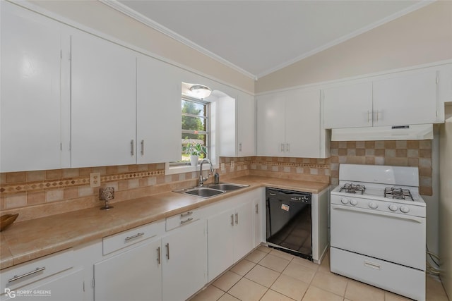 4102 Glen St, Bossier City, LA 71112 - kitchen featuring white gas stove, dishwasher, a sink, under cabinet range hood, and ornamental molding