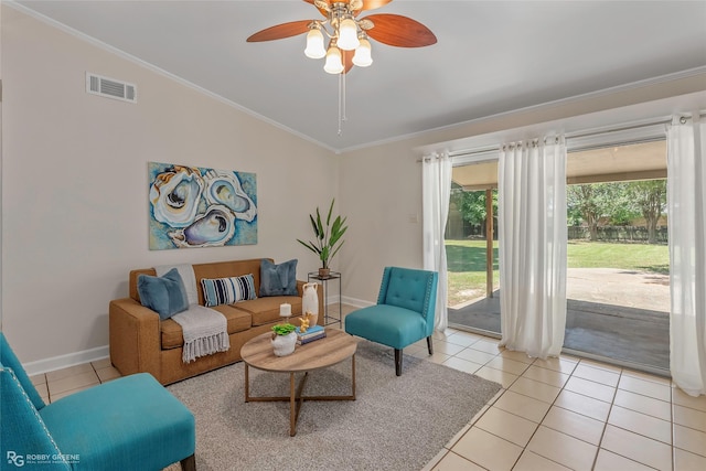 4102 Glen St, Bossier City, LA 71112 - living room with vaulted ceiling, crown molding, light tile patterned floors, baseboards, and ceiling fan